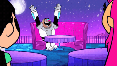 A Cartoon Character Is Sitting At A Table With His Arms Outstretched GIF
