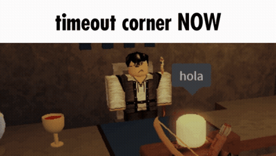 A Cartoon Character Is Sitting At A Table With The Words Timeout Corner Now Below Him GIF