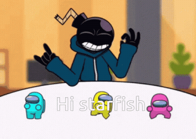 A Cartoon Character Is Sitting At A Table With Three Among Us Characters And The Words Hi Starfish GIF