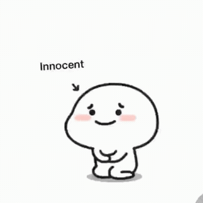 A Cartoon Character Is Sitting Down And Smiling With The Words `` Innocent '' Written On It . GIF