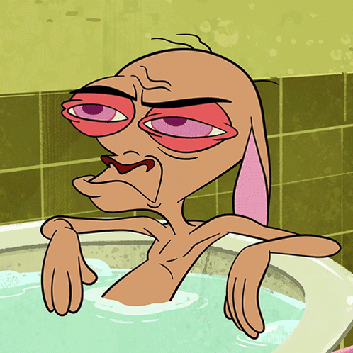 A Cartoon Character Is Sitting In A Bathtub With Purple Eyes GIF