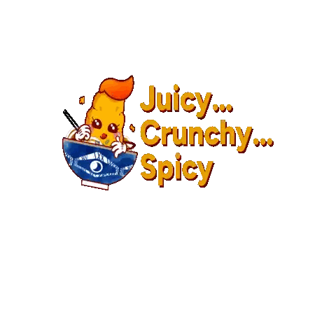 A Cartoon Character Is Sitting In A Bowl With Chopsticks And The Words Juicy Crunchy Spicy Sticker