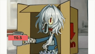 A Cartoon Character Is Sitting In A Cardboard Box And Holding A Cup With A To.5 Sign Below It GIF