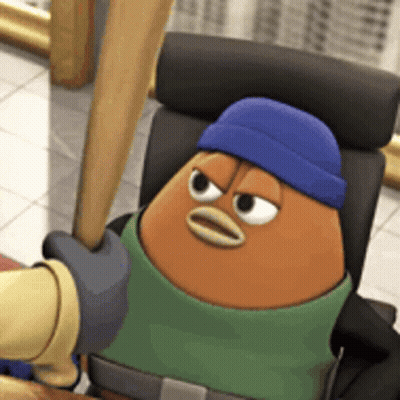 A Cartoon Character Is Sitting In A Chair With A Baseball Bat In His Hand . GIF