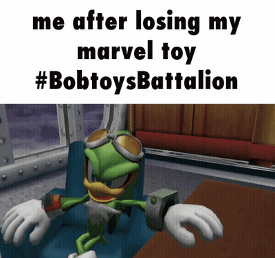 A Cartoon Character Is Sitting In A Chair With The Words Me After Losing My Marvel Toy #Bobtoysbattalion GIF