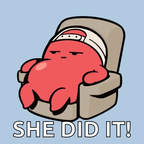 A Cartoon Character Is Sitting In A Chair With The Words " She Did It " Below It GIF