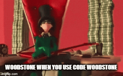 A Cartoon Character Is Sitting In A Chair With The Words Woodstone When You Use Code Woodstone On The Bottom GIF