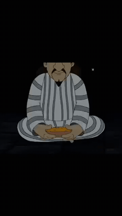 A Cartoon Character Is Sitting In A Lotus Position With His Hands Folded In Front Of Him . GIF