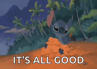 A Cartoon Character Is Sitting In A Pile Of Dirt With The Words `` It 'S All Good '' Written Above Him . GIF