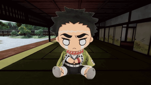 A Cartoon Character Is Sitting In A Room With His Eyes Closed And A Red Necklace Around His Neck GIF