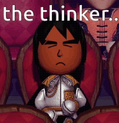 A Cartoon Character Is Sitting In A Row Of Red Chairs With The Words " The Thinker " Written Above Him GIF