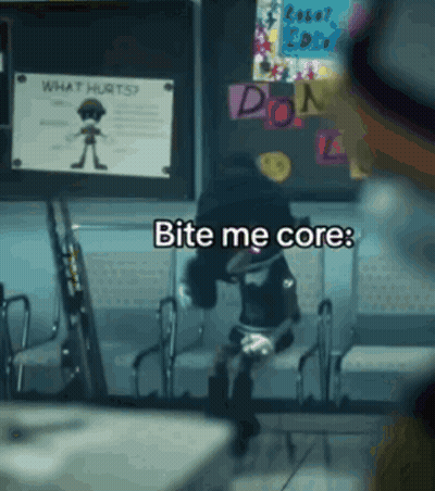 A Cartoon Character Is Sitting In A Waiting Room With A Sign That Says Bite Me Core GIF