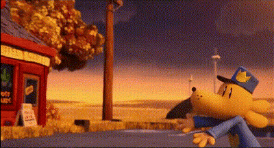 A Cartoon Character Is Sitting In Front Of A Building That Says Lucky Lucky GIF