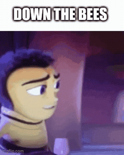 A Cartoon Character Is Sitting In Front Of A Computer Screen With The Words `` Down The Bees '' Written On It . GIF