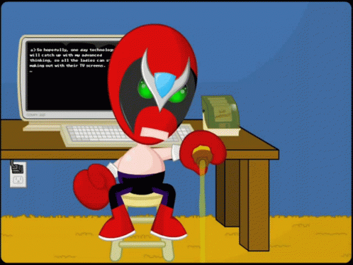 A Cartoon Character Is Sitting In Front Of A Computer With A Book On The Table That Says " Making Out With Their " GIF