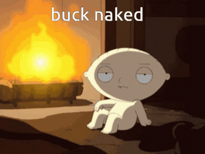 A Cartoon Character Is Sitting In Front Of A Fire With The Words Buck Naked Below Him GIF