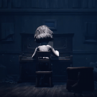 A Cartoon Character Is Sitting In Front Of A Piano In A Dark Room GIF