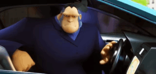 A Cartoon Character Is Sitting In The Driver 'S Seat Of A Blue Car . GIF