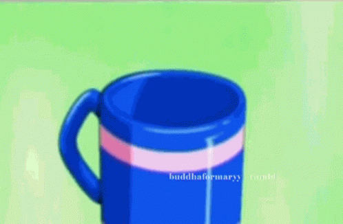 A Cartoon Character Is Sitting Inside Of A Blue Coffee Cup GIF