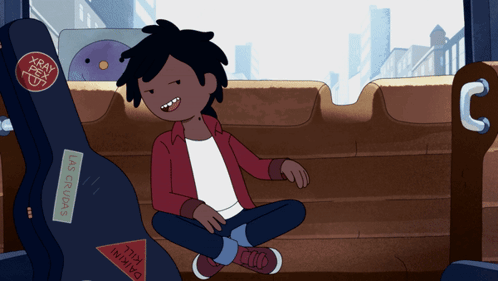 A Cartoon Character Is Sitting Next To A Guitar Case That Says Las Gruas GIF