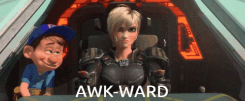 A Cartoon Character Is Sitting Next To Another Character And The Words Awk-Ward Are Above Them GIF