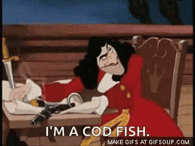 A Cartoon Character Is Sitting On A Bench And Says `` I 'M A Cod Fish '' . GIF