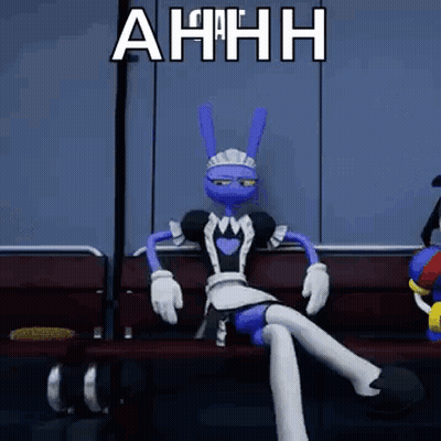 A Cartoon Character Is Sitting On A Bench Wearing A Maid Outfit And A Sign That Says Ahhh . GIF