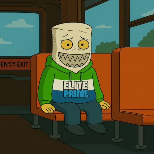 A Cartoon Character Is Sitting On A Bus Wearing An Elite Prime Hoodie GIF