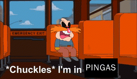 A Cartoon Character Is Sitting On A Bus With The Words " Chuckles I 'M In Pinga " GIF