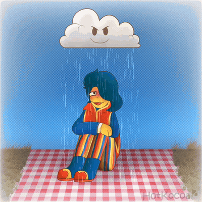 A Cartoon Character Is Sitting On A Checkered Picnic Blanket In The Rain Under A Cloud With A Face On It GIF