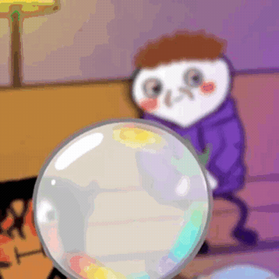 A Cartoon Character Is Sitting On A Couch And Looking At A Glass Ball . GIF