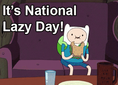 A Cartoon Character Is Sitting On A Couch Eating A Sandwich And The Words It 'S National Lazy Day Are Above Him GIF