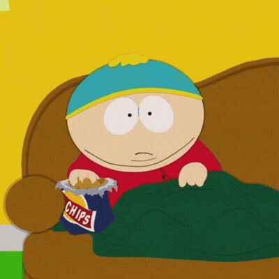 A Cartoon Character Is Sitting On A Couch Eating Chips GIF