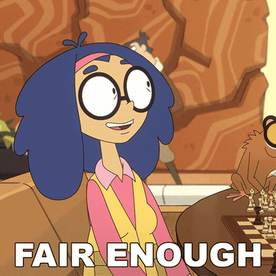 A Cartoon Character Is Sitting On A Couch Next To A Chess Board With The Words Fair Enough Above Her GIF