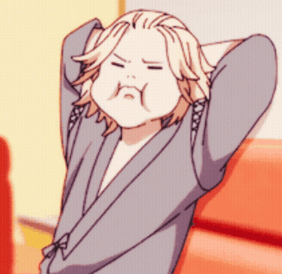a cartoon character is sitting on a couch with his hands behind his head .