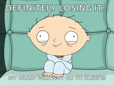 A Cartoon Character Is Sitting On A Couch With The Caption " Definitely Losing It My Brain Will Not Go To Sleep " GIF