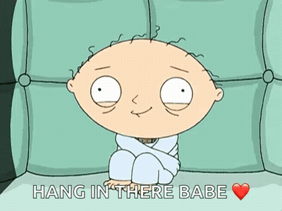 A Cartoon Character Is Sitting On A Couch With The Words " Hang In There Babe " Above Him GIF