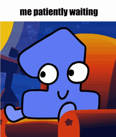 A Cartoon Character Is Sitting On A Couch With The Words " Me Patiently Waiting " Below It GIF