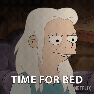 A Cartoon Character Is Sitting On A Couch With The Words Time For Bed Below Her GIF