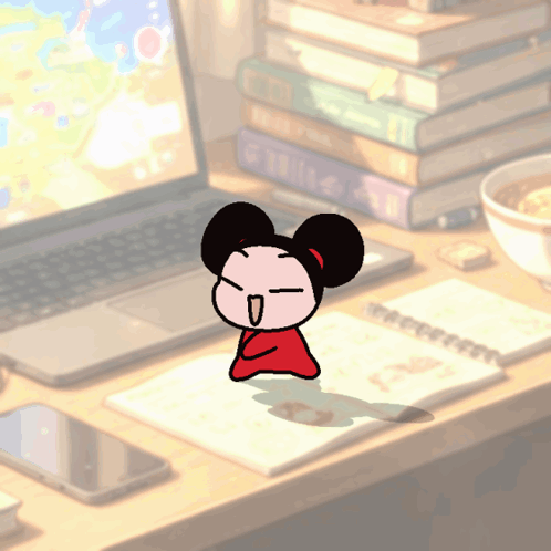 A Cartoon Character Is Sitting On A Desk With A Notebook That Says ' Pucca ' On It GIF