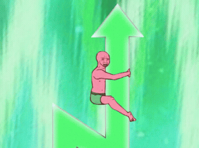 A Cartoon Character Is Sitting On A Green Arrow Pointing Upwards GIF