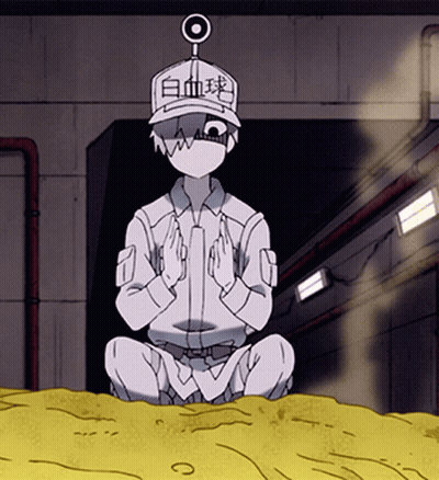 A Cartoon Character Is Sitting On A Pile Of Dirt Wearing A Hat That Says " White Blood Cell " GIF