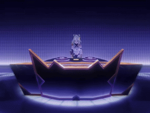 A Cartoon Character Is Sitting On A Podium With A Purple Background GIF