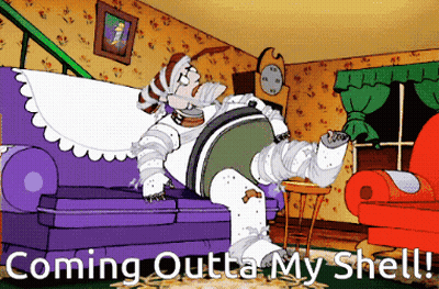A Cartoon Character Is Sitting On A Purple Couch With The Words Coming Outta My Shell Below Him GIF