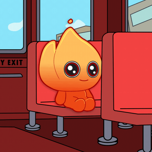 A Cartoon Character Is Sitting On A Red Seat Next To A Sign That Says Y Exit GIF