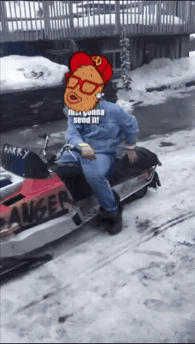 A Cartoon Character Is Sitting On A Snowmobile With The Words Just Gonna Send It GIF