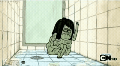 A Cartoon Character Is Sitting On A Tiled Floor In A Bathroom With A Drain . GIF