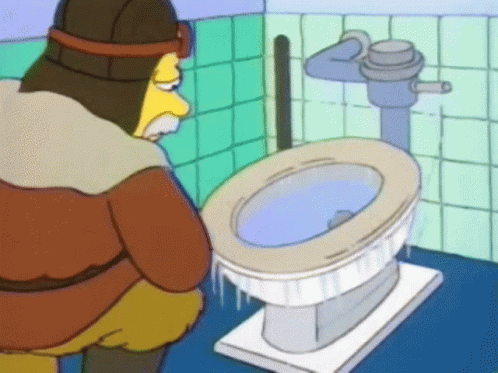 A Cartoon Character Is Sitting On A Toilet With Ice On It GIF