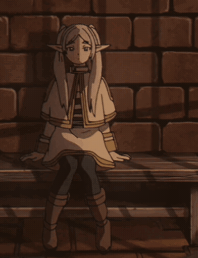 A Cartoon Character Is Sitting On A Wooden Bench In Front Of A Brick Wall GIF