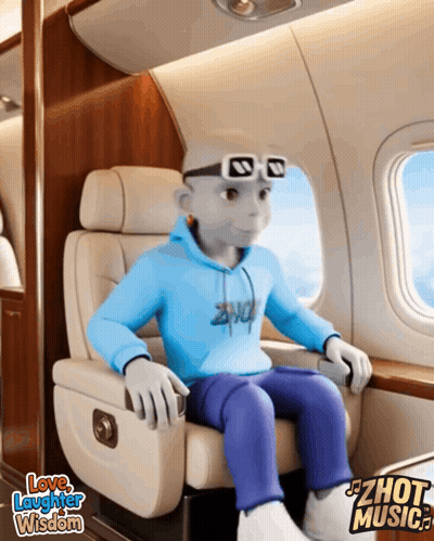 A Cartoon Character Is Sitting On An Airplane With The Words Love Laughter Wisdom Written Below Him GIF